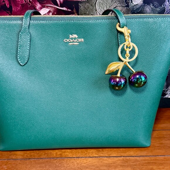 NEW Vibrant Iridescent Cherry Bag Charm & Lobster Clasp Keychain in Gold Tone - Picture 2 of 7